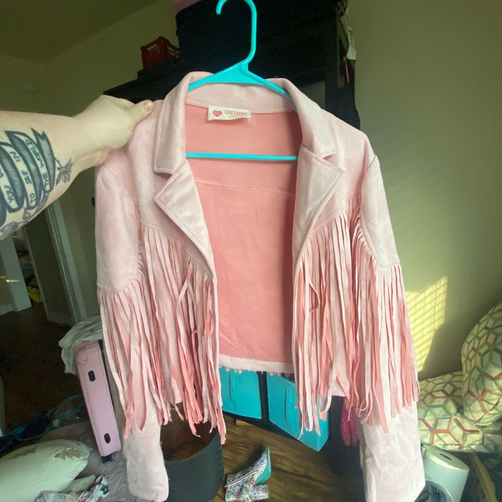 Plus Size Crop Blush Suede Fringe Jacket